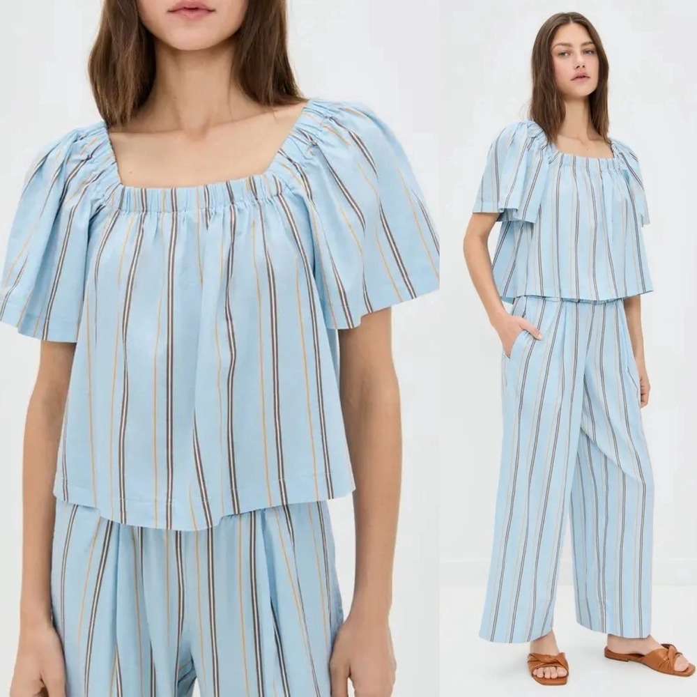 Stateside Sz S Blue Striped Poplin Swing Top‎ 100% Cotton Blouse Made In USA